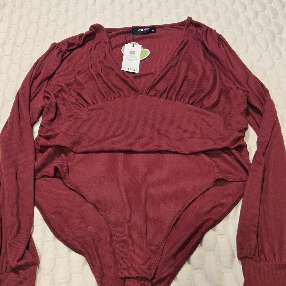 Cider New With Tags Women's Lomg Sleeve Bodysuit V-neck Solid Burgundy Size 1XL
